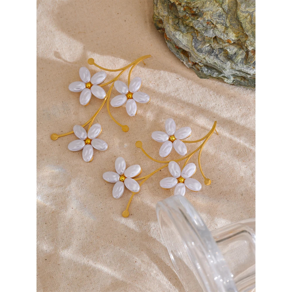 comprar todo dia moda imitação de pérolas flor cor dourada grandes brincos de aço inoxidável feminino charme diário mais leve jóias presente