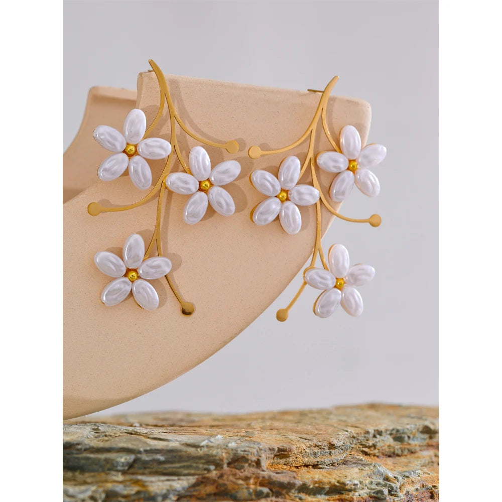 comprar todo dia, moda imitação de pérolas flor cor dourada grandes brincos de aço inoxidável feminino charme diário mais leve jóias presente
