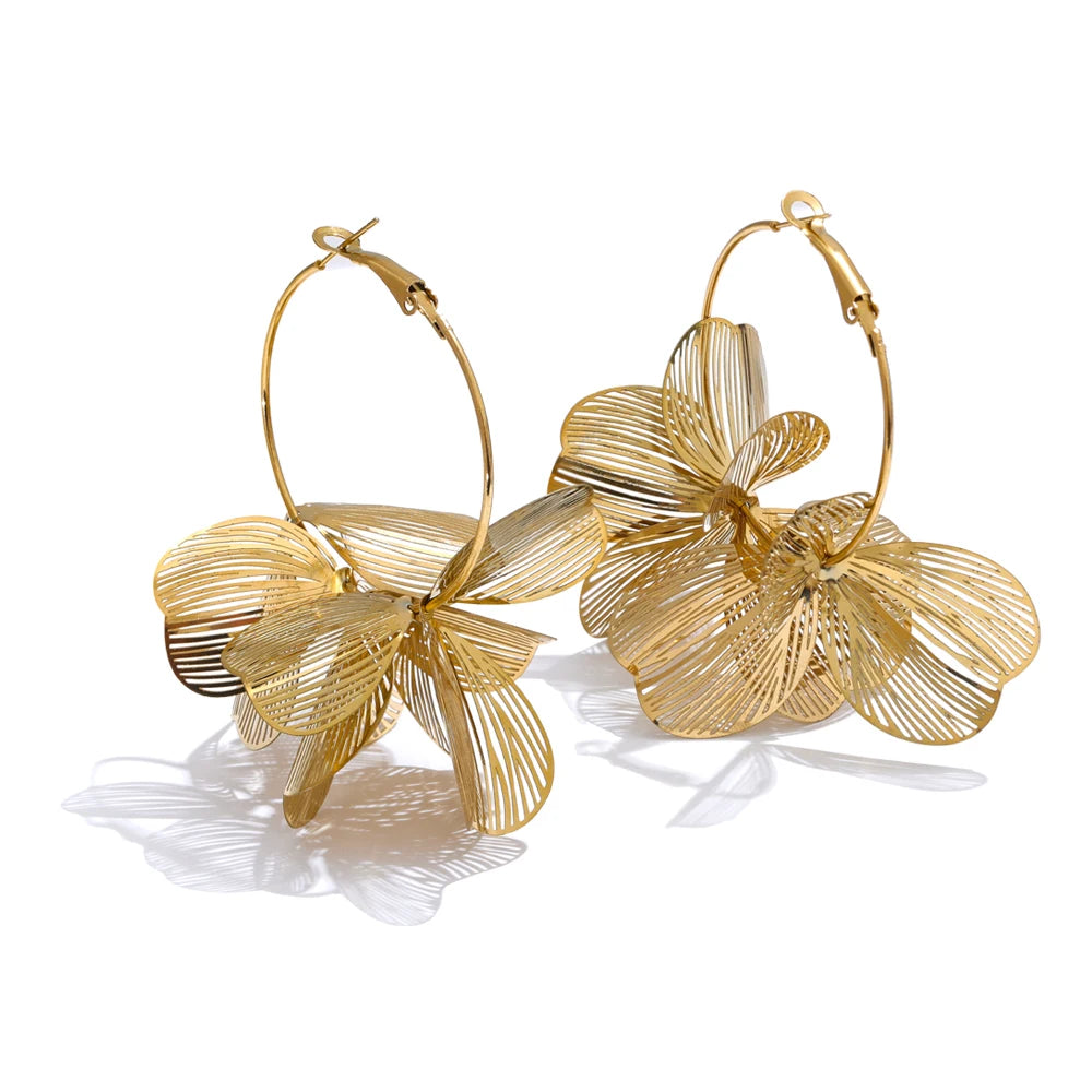 Yhpup-Brincos de argola grandes de flor de metal, moda única, impermeável, joias, design exclusivo, aço inoxidável, 2024