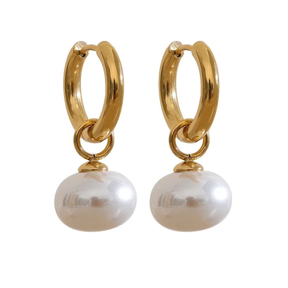 comprar todo dia, alta qualidade imitação de pérolas gota aço inoxidável dourado coreano hoop brincos encantos moda jóias bijoux femme presente