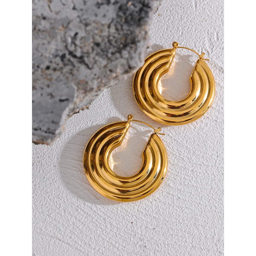 comprar todo dia, Aço Inoxidável Redondo Cor Ouro Hoop Brincos, Big Metal Charme, Anti Alérgico Moda Jóias, Impermeável, Declaração, 42mm
