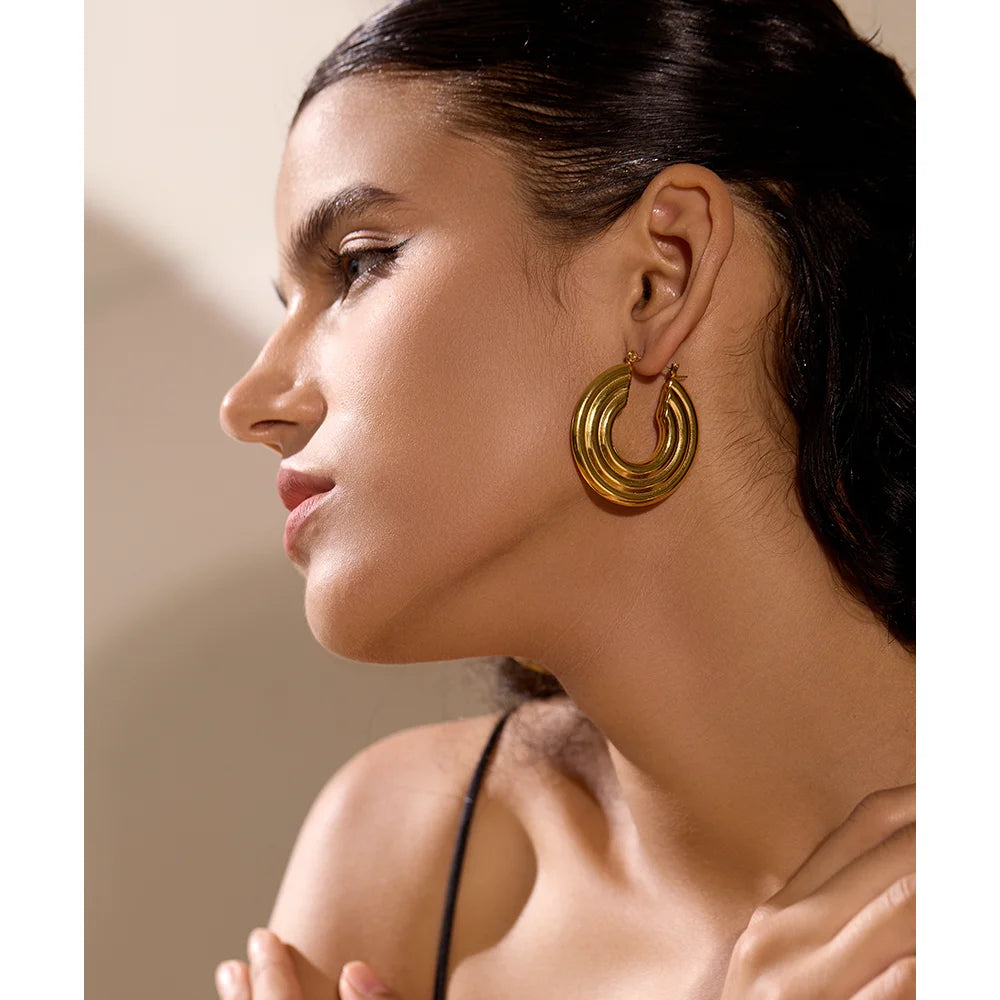comprar todo dia, Aço Inoxidável Redondo Cor Ouro Hoop Brincos, Big Metal Charme, Anti Alérgico Moda Jóias, Impermeável, Declaração, 42mm