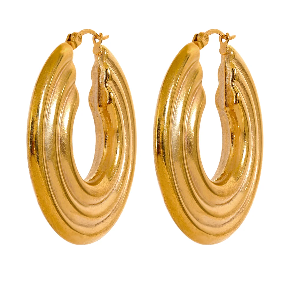 comprar todo dia,
Aço Inoxidável Redondo Cor Ouro Hoop Brincos, Big Metal Charme, Anti Alérgico Moda Jóias, Impermeável, Declaração, 42mm