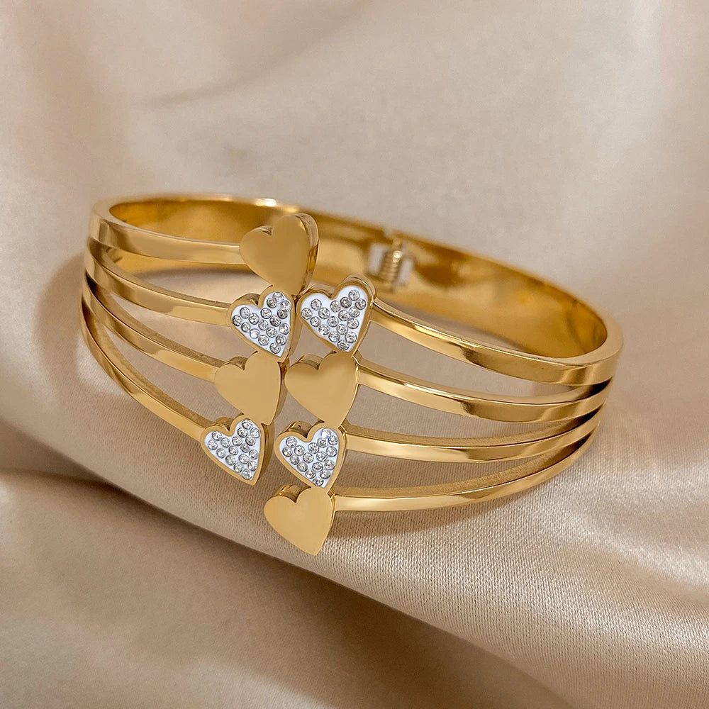 Greatera Chunky Aço Inoxidável Rhinestone Coração Cuff Bracelet para As Mulheres, Banhado A Ouro Pulseiras Largas, Partido Jóias