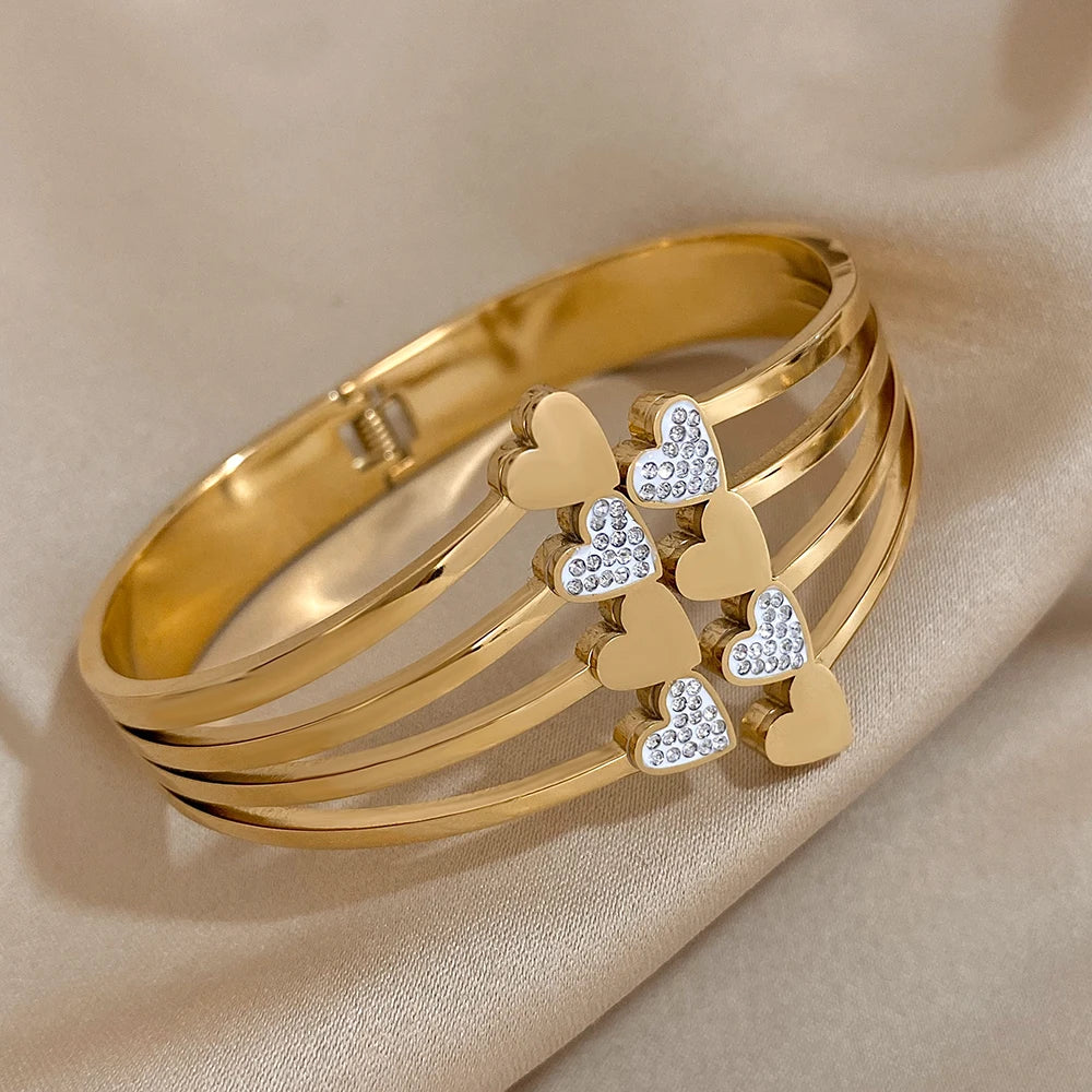 Greatera Chunky Aço Inoxidável Rhinestone Coração Cuff Bracelet para As Mulheres, Banhado A Ouro Pulseiras Largas, Partido Jóias