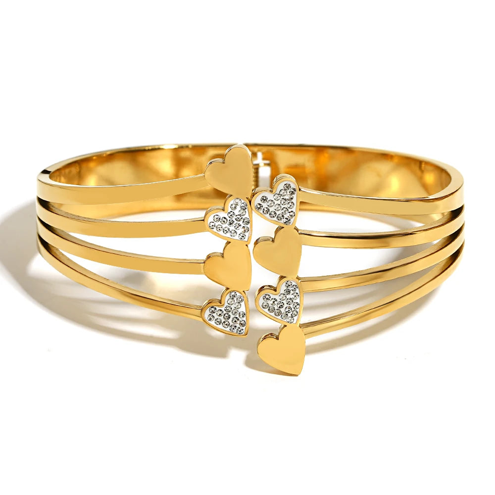 Greatera Chunky Aço Inoxidável Rhinestone Coração Cuff Bracelet para As Mulheres, Banhado A Ouro Pulseiras Largas, Partido Jóias