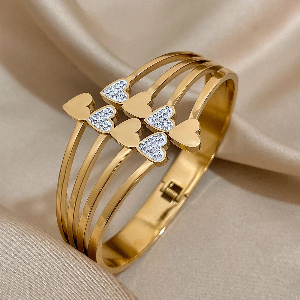 Greatera Chunky Aço Inoxidável Rhinestone Coração Cuff Bracelet para As Mulheres, Banhado A Ouro Pulseiras Largas, Partido Jóias