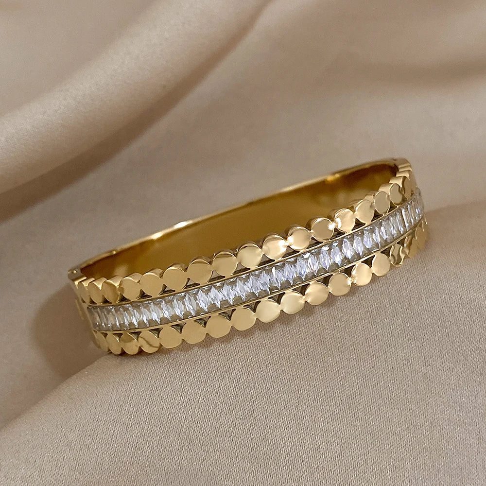 Greatera-banhado a ouro pulseira de aço inoxidável para as mulheres, cuff zircônia cúbica branca, jóias charme à prova d'água