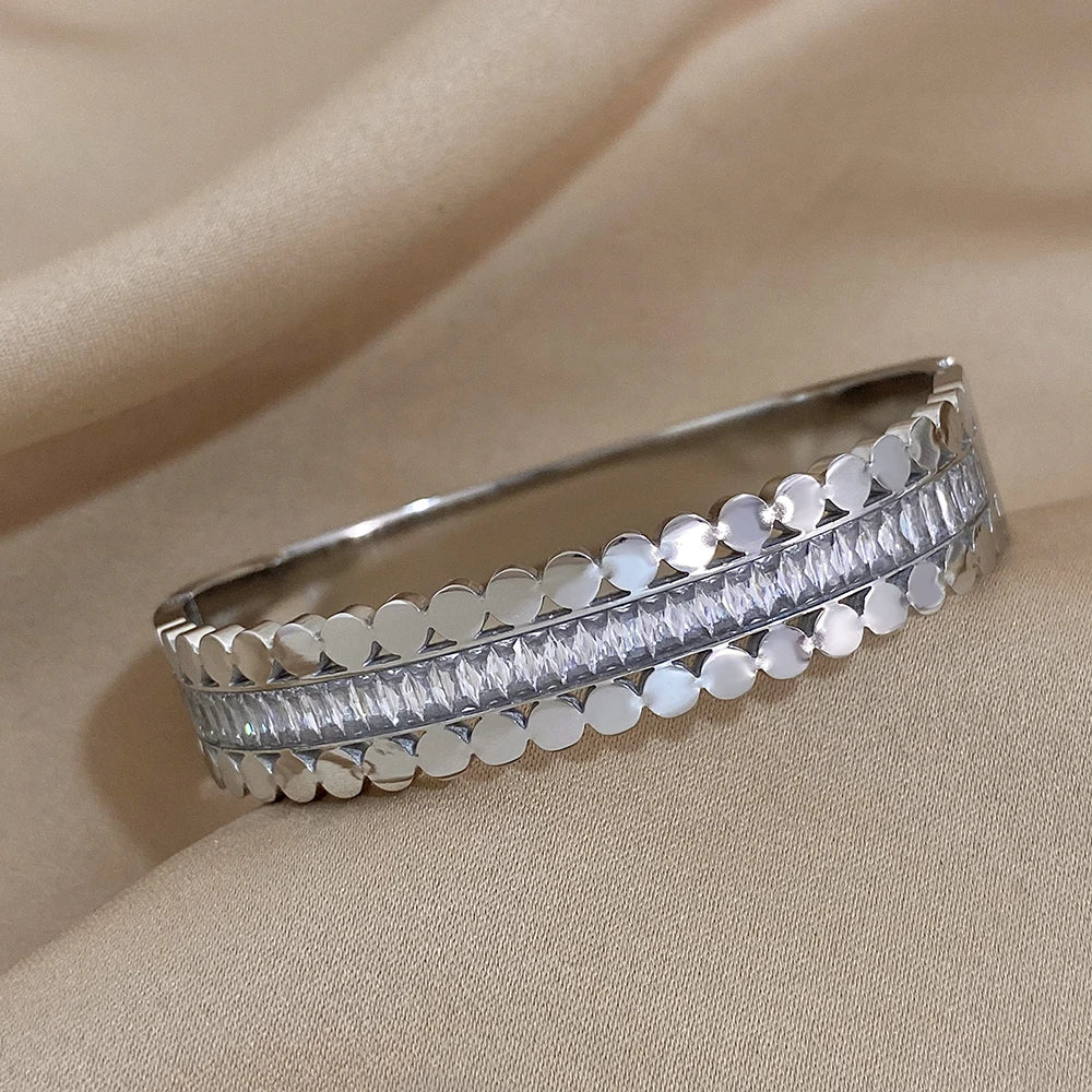 Greatera-banhado a ouro pulseira de aço inoxidável para as mulheres, cuff zircônia cúbica branca, jóias charme à prova d'água
