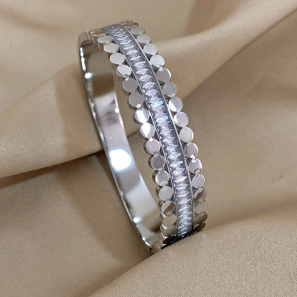 Greatera-banhado a ouro pulseira de aço inoxidável para as mulheres, cuff zircônia cúbica branca, jóias charme à prova d'água