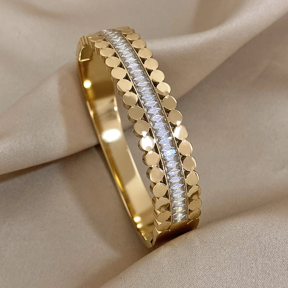 Greatera-banhado a ouro pulseira de aço inoxidável para as mulheres, cuff zircônia cúbica branca, jóias charme à prova d'água