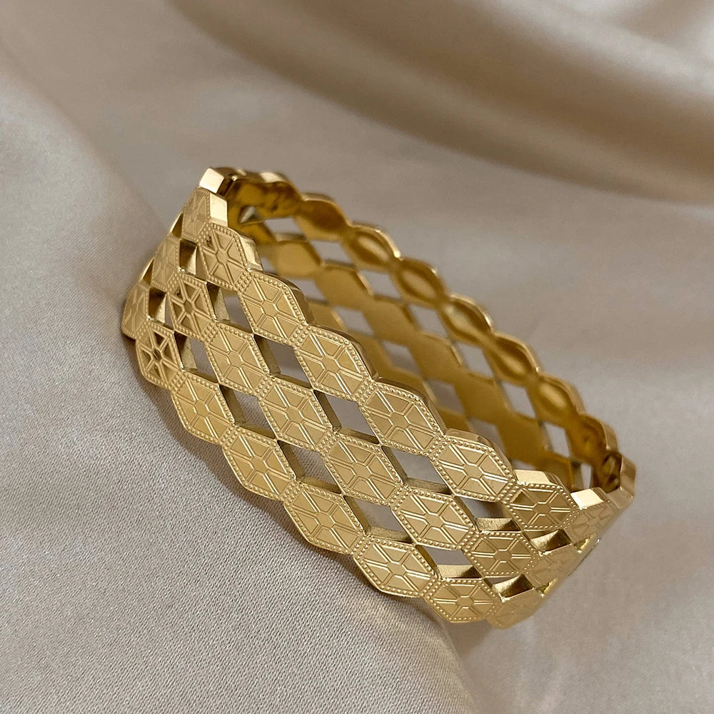Greatera-Aço Inoxidável Texturizado Pulseiras Largas para Mulheres, Pulseiras Banhadas a Ouro, Pulseira Geométrica de Metal, Jóias Impermeáveis, 316L