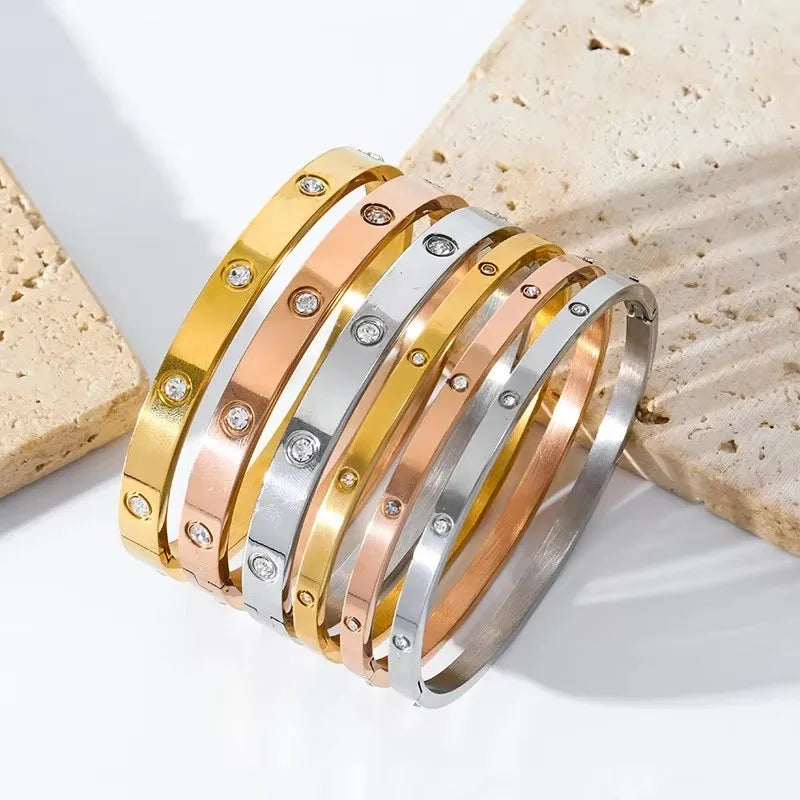 Pulseira de zircônia cúbica em aço inoxidável para homens e mulheres, sem desbotamento, joias diárias, presente de feriado, festa, moda