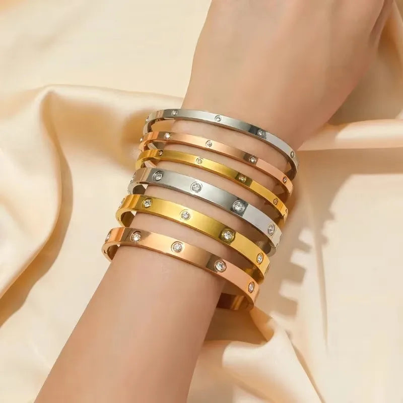 Pulseira de zircônia cúbica em aço inoxidável para homens e mulheres, sem desbotamento, joias diárias, presente de feriado, festa, moda