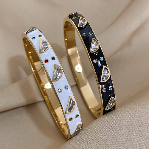 Greatera-Pulseiras de aço inoxidável para mulheres, braceletes embutidos de zircão, bracelete banhado a ouro, joias de luxo, branco, preto, esmalte, charme