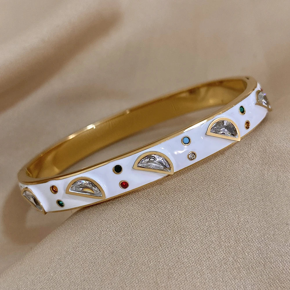 Greatera-Pulseiras de aço inoxidável para mulheres, braceletes embutidos de zircão, bracelete banhado a ouro, joias de luxo, branco, preto, esmalte, charme