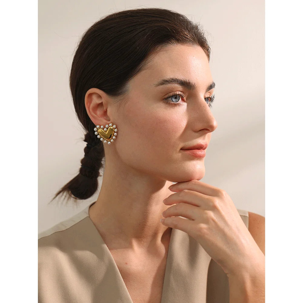 comprar todo dia-Coração Imitação De Pérolas Brincos De Aço Inoxidável, Evitar Alergia, Metal, Requintado, Impermeável Jóias, Presente Amante, Moda