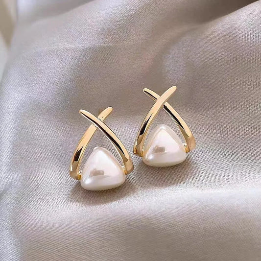 Pérola e cristal cruz brincos para mulheres e meninas, anéis de orelha, acessórios, joias rabo de peixe, requintado, elegante, estilo coreano, moda