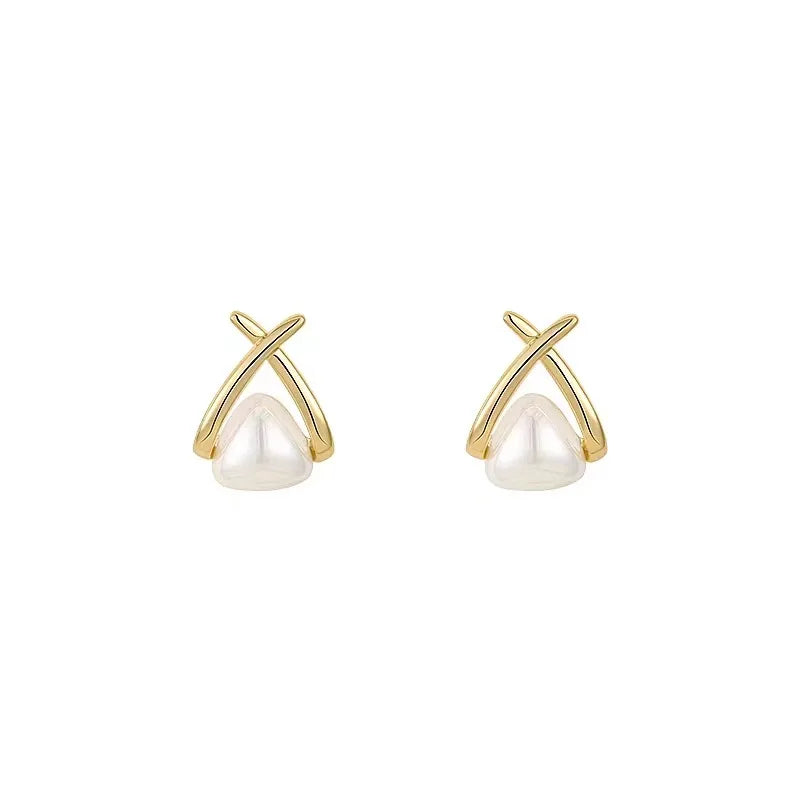 Pérola e cristal cruz brincos para mulheres e meninas, anéis de orelha, acessórios, joias rabo de peixe, requintado, elegante, estilo coreano, moda