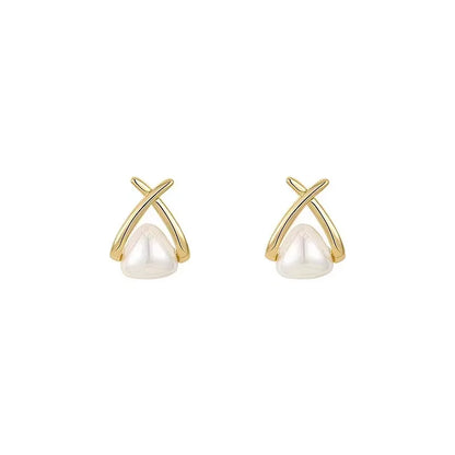 Pérola e cristal cruz brincos para mulheres e meninas, anéis de orelha, acessórios, joias rabo de peixe, requintado, elegante, estilo coreano, moda