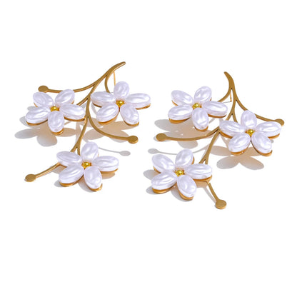 comprar todo dia, moda imitação de pérolas flor cor dourada grandes brincos de aço inoxidável feminino charme diário mais leve jóias presente