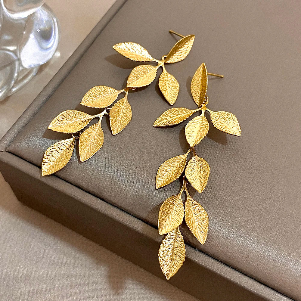 comprar todo dia,Vintage de aço inoxidável grandes folhas longas borla brincos para mulheres moda banhado a ouro folha pingente declaração brinco jóia