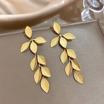 comprar todo dia, Vintage de aço inoxidável grandes folhas longas borla brincos para mulheres moda banhado a ouro folha pingente declaração brinco jóia