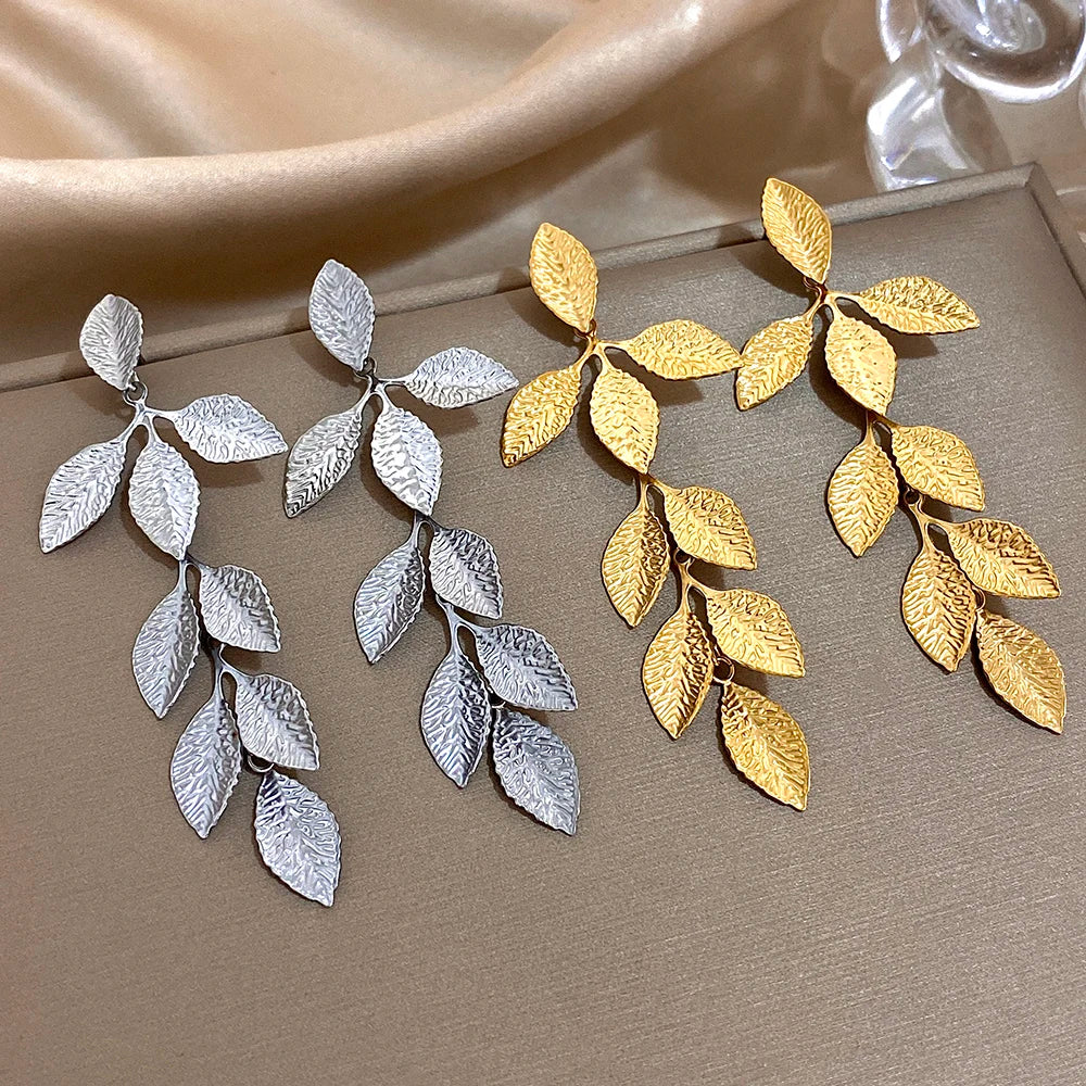 comprar todo dia, Vintage de aço inoxidável grandes folhas longas borla brincos para mulheres moda banhado a ouro folha pingente declaração brinco jóia