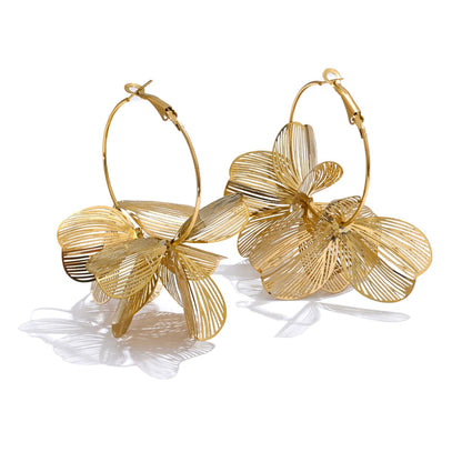Yhpup-Brincos de argola grandes de flor de metal, moda única, impermeável, joias, design exclusivo, aço inoxidável, 2024