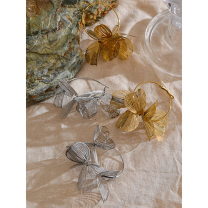 Yhpup-Brincos de argola grandes de flor de metal, moda única, impermeável, joias, design exclusivo, aço inoxidável, 2024