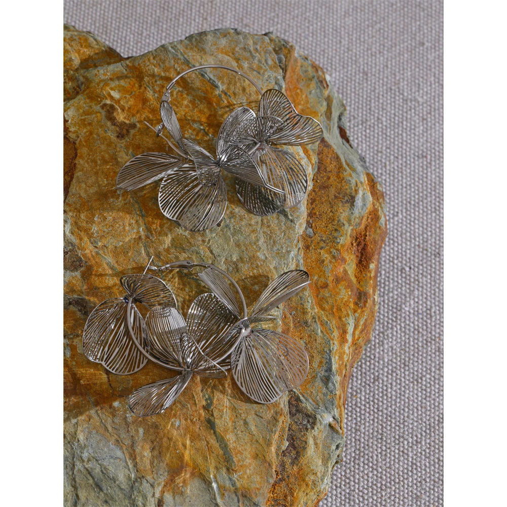 comprar todo dia, Brincos de argola grandes de flor de metal, moda única, impermeável, joias, design exclusivo, aço inoxidável, 2025