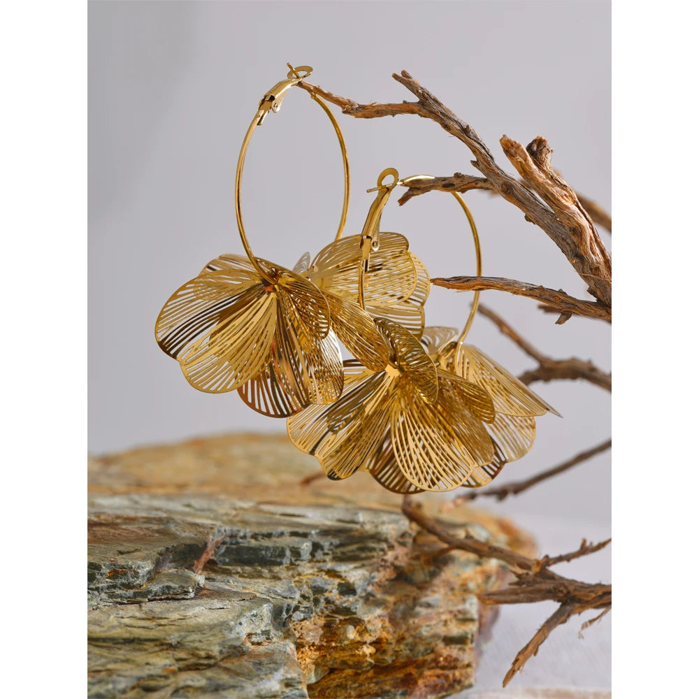 comprar todo dia, Brincos de argola grandes de flor de metal, moda única, impermeável, joias, design exclusivo, aço inoxidável, 2025