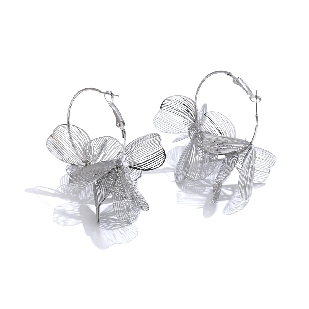 comprar todo dia, Brincos de argola grandes de flor de metal, moda única, impermeável, joias, design exclusivo, aço inoxidável, 2025