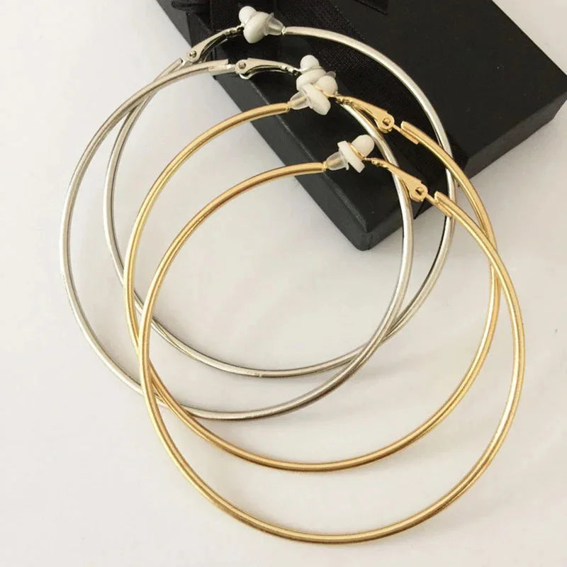 Clipes lisos Big Round Hoop Ear para mulheres, Golden Ear Clips, não perfurados, exagerados, clipe simples em brincos, acessórios de jóias, 60mm, comprar todo dia