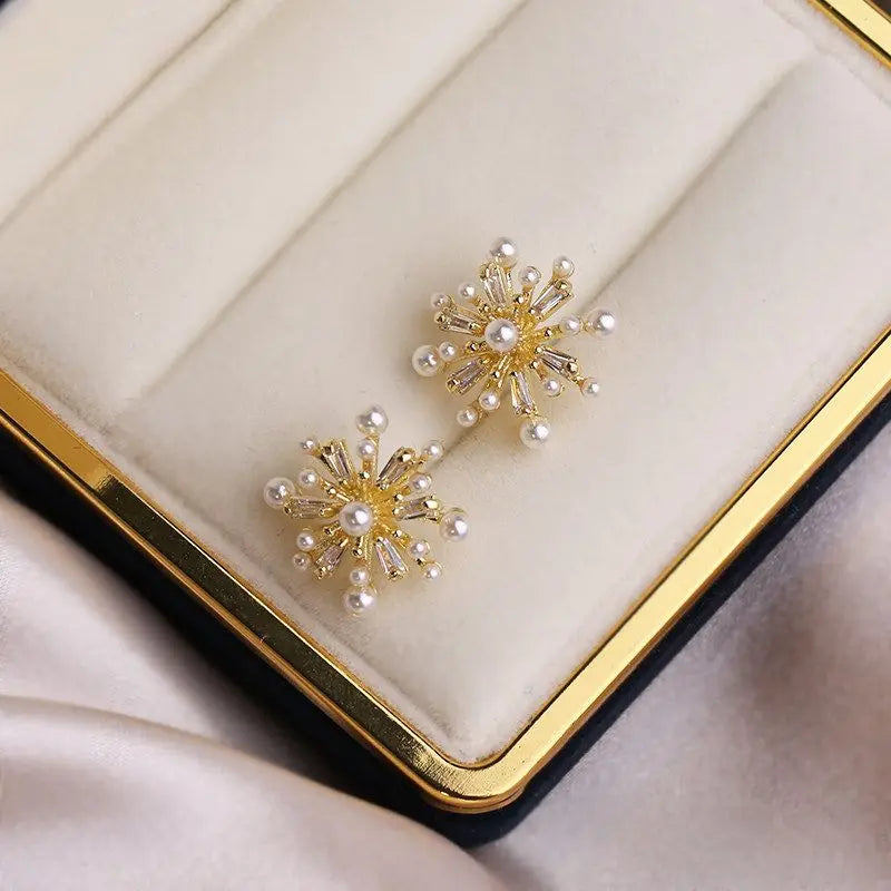 Brincos de pérolas para mulheres, elegantes brincos franceses floco de neve, design high-end, luxo acessível