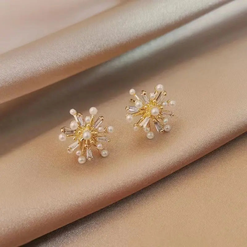 Brincos de pérolas para mulheres, elegantes brincos franceses floco de neve, design high-end, luxo acessível
