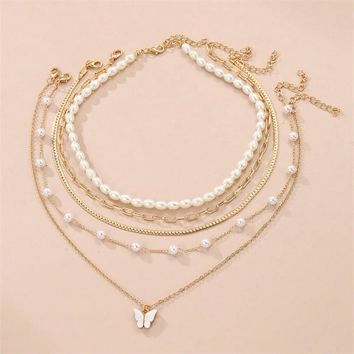 Conjunto simples de colar de pingentes de pérolas e borboletas, design high-end, adequado para uso diário e pendulares, 5 peças por conjunto, Colares femininos elegantes,
Conjunto de joias com borboletas,
Colar de pérolas clássico,
Joias femininas delicadas,
Colares com pingentes para presente,
Conjunto de colares dourados,
