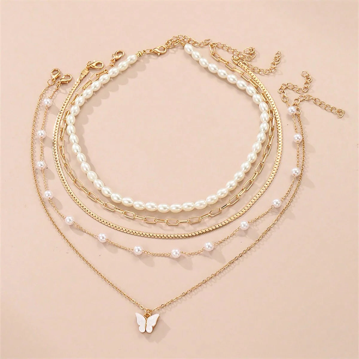 Conjunto simples de colar de pingentes de pérolas e borboletas, design high-end, adequado para uso diário e pendulares, 5 peças por conjunto, Colares femininos elegantes,
Conjunto de joias com borboletas,
Colar de pérolas clássico,
Joias femininas delicadas,
Colares com pingentes para presente,
Conjunto de colares dourados,
