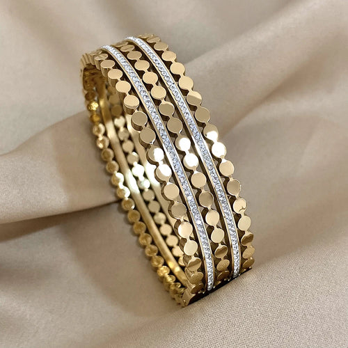 Greatera-Banhado A Ouro Largo Rhinestone Charme Pulseiras para As Mulheres, Aço Inoxidável, Layered Chunky Metal, Jóias Impermeável