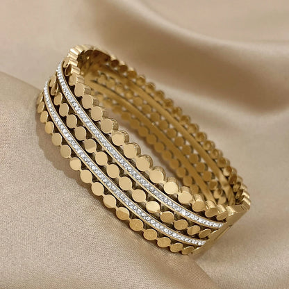Greatera-Banhado A Ouro Largo Rhinestone Charme Pulseiras para As Mulheres, Aço Inoxidável, Layered Chunky Metal, Jóias Impermeável