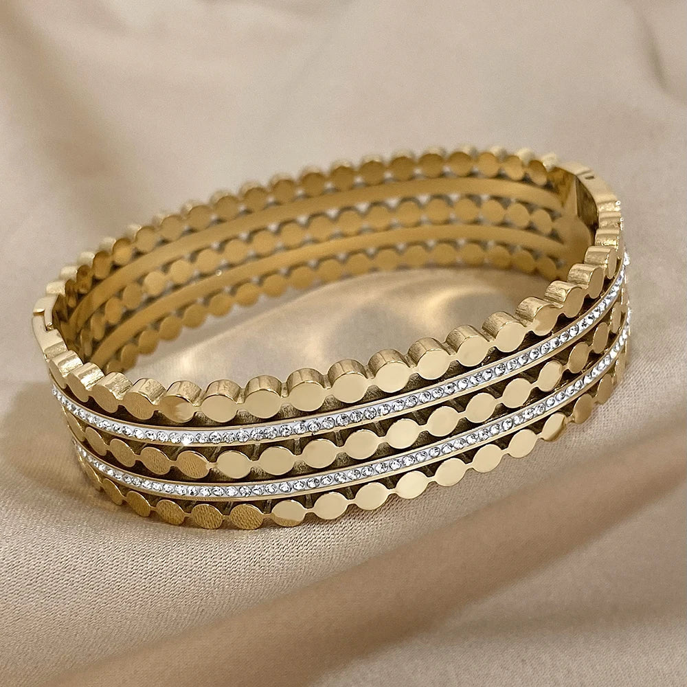 Greatera-Banhado A Ouro Largo Rhinestone Charme Pulseiras para As Mulheres, Aço Inoxidável, Layered Chunky Metal, Jóias Impermeável