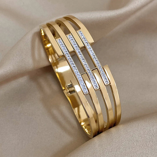 Greatera Chunky Incrustada Strass Pulseira para Mulheres, Pulseiras de Aço Inoxidável, Banhado A Ouro, Metal Largo, Jóias Impermeáveis