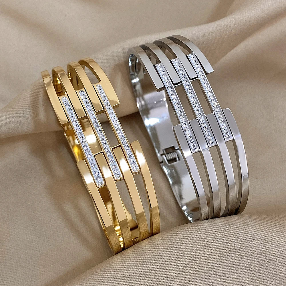 Greatera Chunky Incrustada Strass Pulseira para Mulheres, Pulseiras de Aço Inoxidável, Banhado A Ouro, Metal Largo, Jóias Impermeáveis
