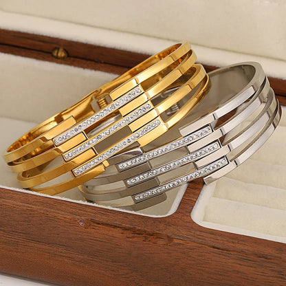 Greatera Chunky Incrustada Strass Pulseira para Mulheres, Pulseiras de Aço Inoxidável, Banhado A Ouro, Metal Largo, Jóias Impermeáveis