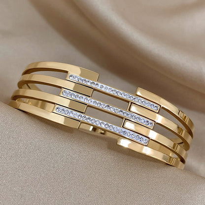 Greatera Chunky Incrustada Strass Pulseira para Mulheres, Pulseiras de Aço Inoxidável, Banhado A Ouro, Metal Largo, Jóias Impermeáveis
