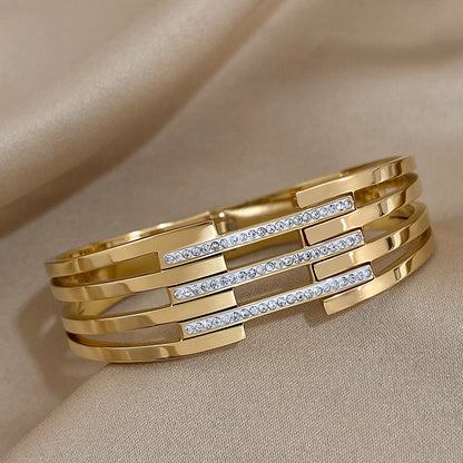 Greatera Chunky Incrustada Strass Pulseira para Mulheres, Pulseiras de Aço Inoxidável, Banhado A Ouro, Metal Largo, Jóias Impermeáveis