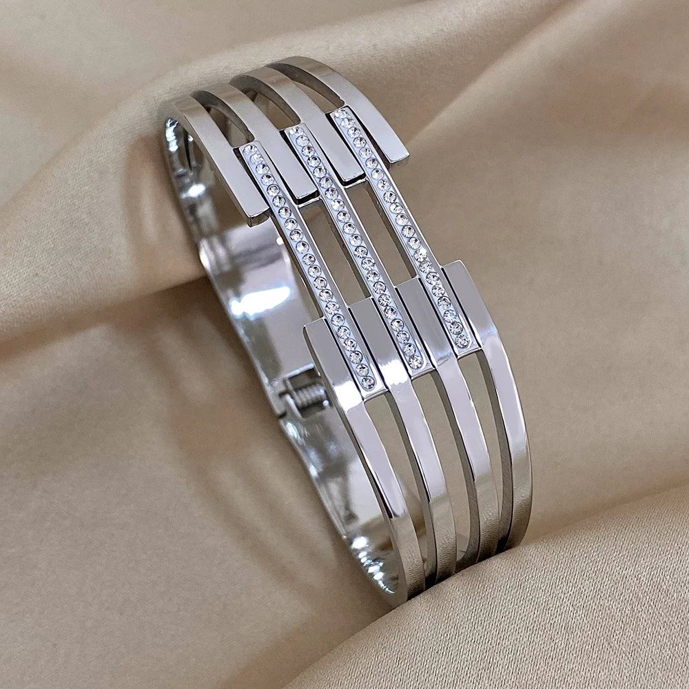 Greatera Chunky Incrustada Strass Pulseira para Mulheres, Pulseiras de Aço Inoxidável, Banhado A Ouro, Metal Largo, Jóias Impermeáveis
