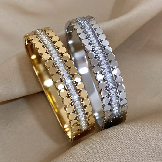 Greatera-banhado a ouro pulseira de aço inoxidável para as mulheres, cuff zircônia cúbica branca, jóias charme à prova d'água