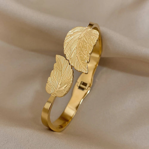 Greatera pulseira de aço inoxidável para mulheres, pulseiras Chunky Leaf, banhado a ouro, pulseiras de folhas de metal, jóias impermeáveis