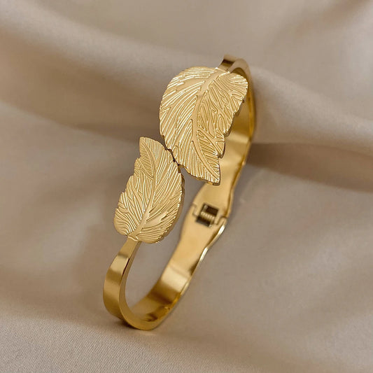 Greatera pulseira de aço inoxidável para mulheres, pulseiras Chunky Leaf, banhado a ouro, pulseiras de folhas de metal, jóias impermeáveis